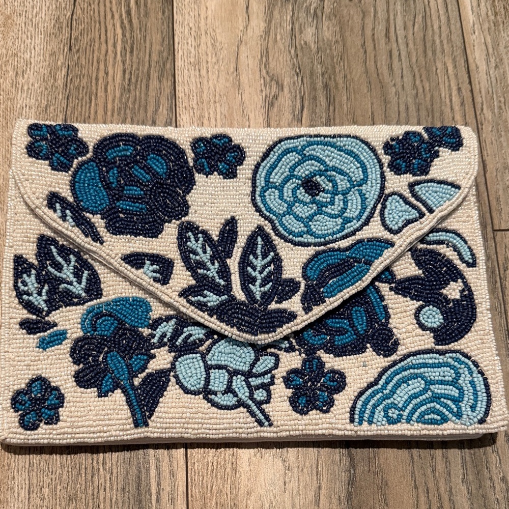 Floral Beaded Clutch with Blue Accents